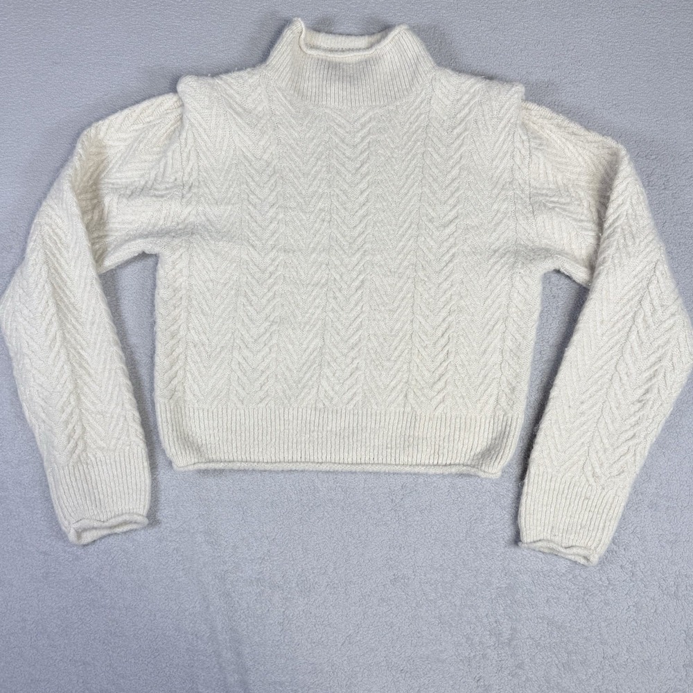ASTR The Label Women's M Cream Cable Knit Mock Neck Cropped Puff Sleeve Sweater